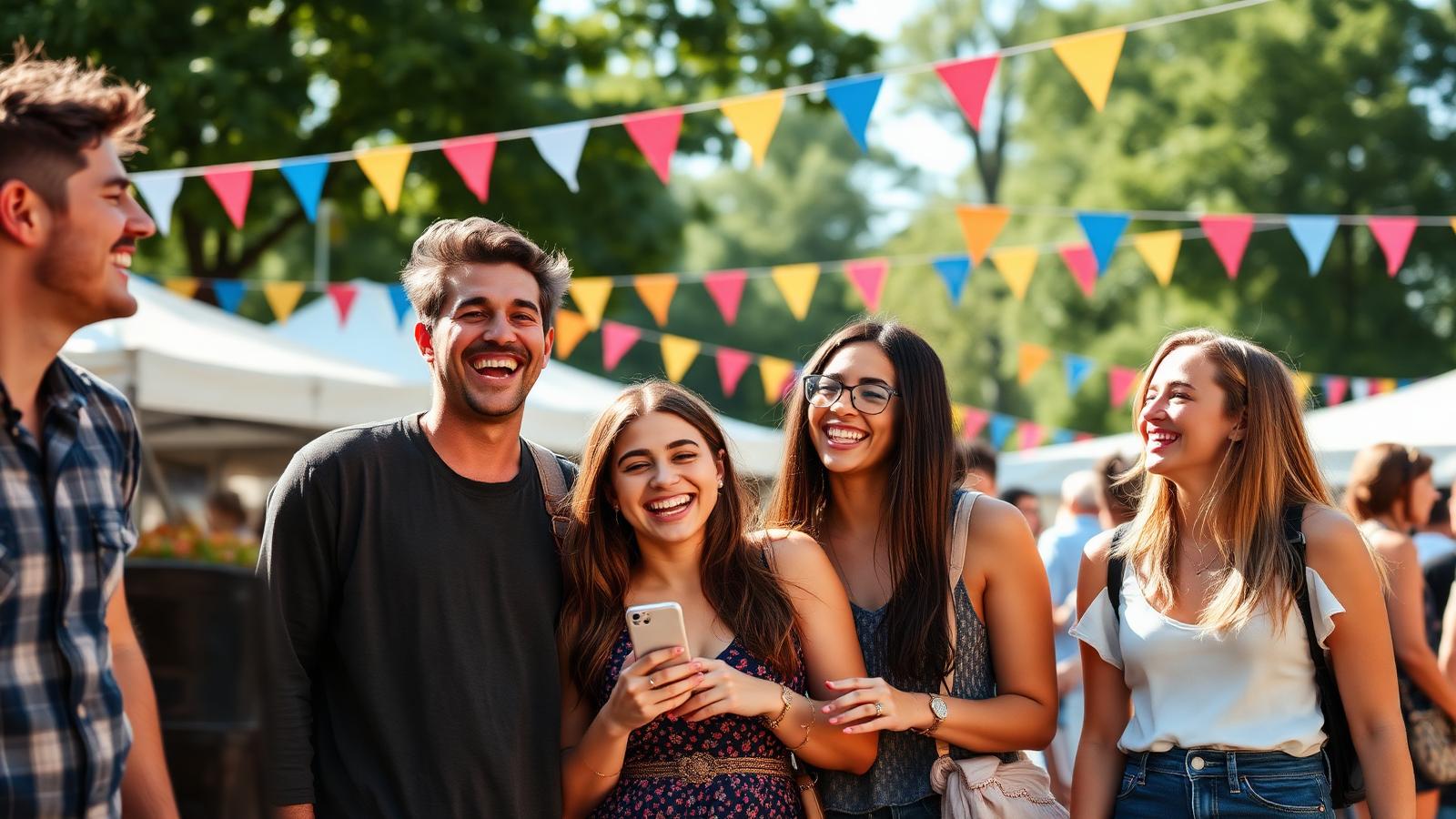 Friends laughing together at an outdoor summer festival
