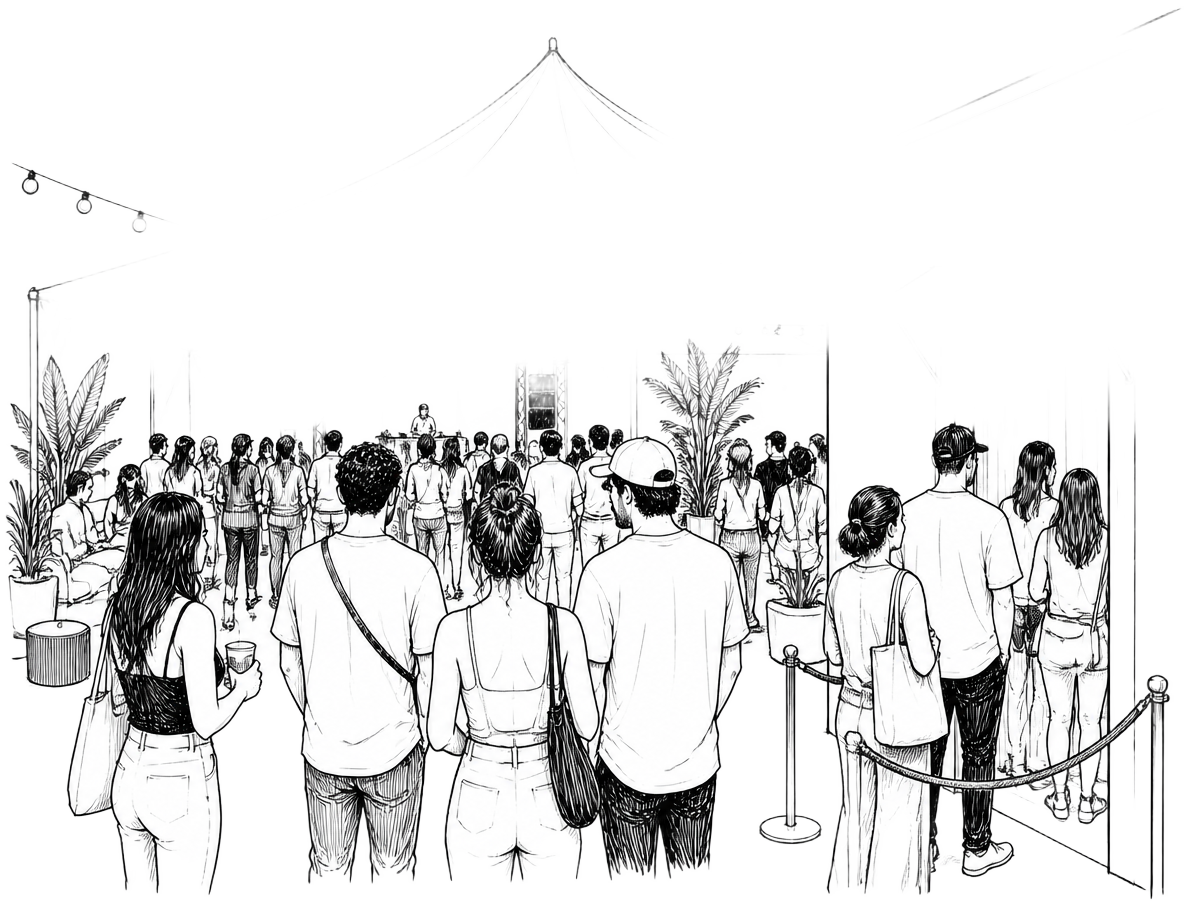 Ink illustration of a crowd at a brand activation event with a side entrance